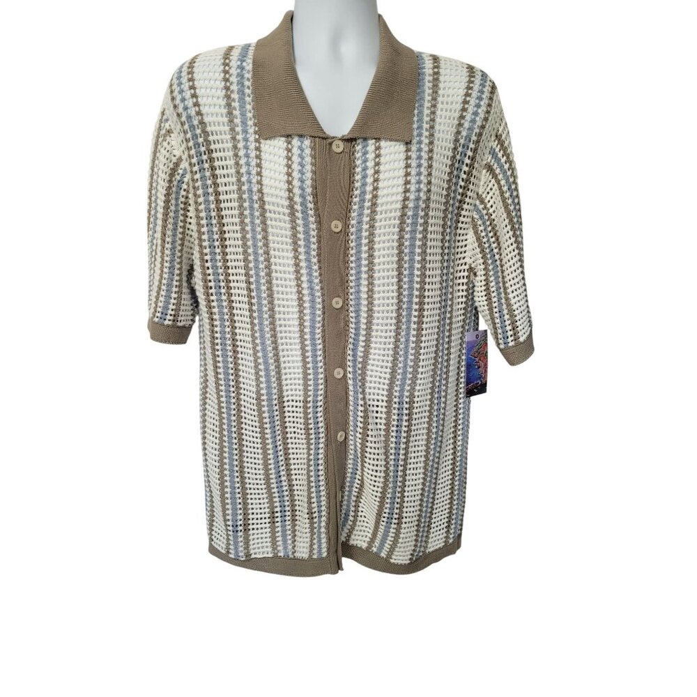 NWT Massive Luxury Edition Crochet Knit Polo Sweater Button Cotton Stripe L